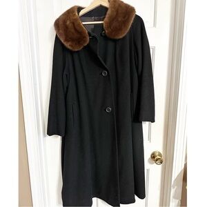 Vintage Black Cashmere Blend Coat with Brown Mink  Collar Sz L